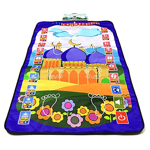 Sanyi Kids Muslim Prayer Rug - Electronic Islamic Prayer Carpet Mat, Teaching Talking Music Mat with Worship Step Guide for Kids Toddlers, 6/7 Languages, 43.3 x 27.5 Inch (Blue)