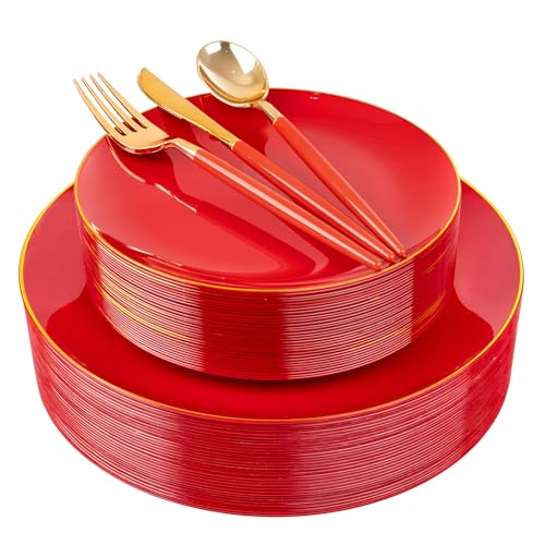 DaYammi 150Pcs Red Plastic Plates with Gold Rim,Fancy Disposable Dinnerware Set with Red Handle Gold Cutlery, Includes 30 Dinner Plate,30 Dessert Plate,30 Knives,30 Forks,30 Spoons for Party Wedding - color: Red Gold