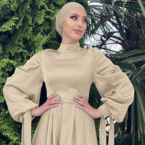 OBEEII Muslim Dress for Women Loose Full Cover Long Abaya Satin Dress Kaftan Abayas Islamic Robe S-XXL - color: Beige+hijab, size: XX-Large