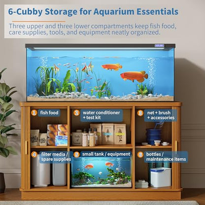 DHH 55-75 Gallon Fish Tank Stand with Power Outlet, Mid Century Modern Aquarium Stand with Adjustable Shelves and Sliding Door,Heavy Duty Reptile Tank Stand for Turtle Terrarium, 1000LB (Yellow Oak)