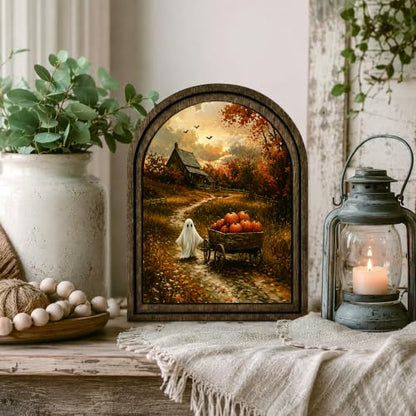 Halloween Ghost Pumpkin Cart Arched Table Sign, Rustic Fall Decor - color: Ghost Pumpkin Cart