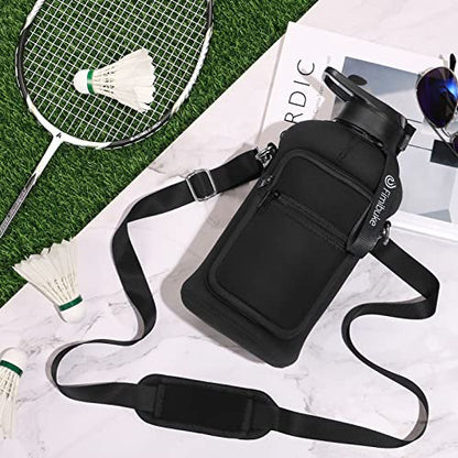 Fimibuke Half Gallon Water Bottle with Sleeve 64 OZ Water Bottle with Handle & Straw Leakproof Motivational Sports Gym Water Bottle with Time Marker BPA Free Water Jug with Reusable Neoprene Holder - color: A3.Black