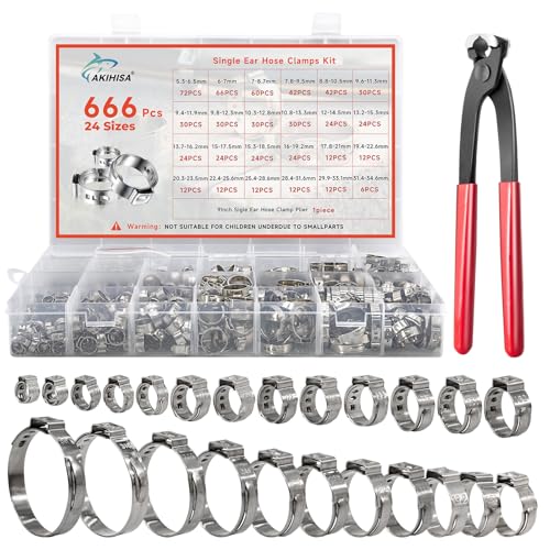 AKIHISA 666Pcs Single Ear Hose Clamps, 24 Sizes 5.3-34.6mm 304 Stainless Steel Ear Clamps Crimp Hose Clamps Cinch Rings Assortment Kit for Automotive, Pipe, Plumbing - size: 666Pcs (5.3-34.6mm)