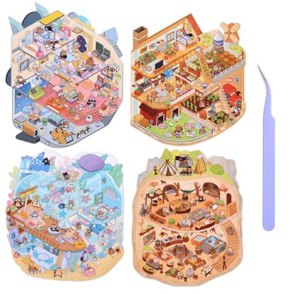 Girls 3D Miniature Scene Stickers, 4 Sets World Adventure DIY House Stickers for Space, Caves, Farms, Underwater World, Cute 3D Cartoon Sticker Scenes for Adult Kids Relief Stress Pass The Time - style: Adventure World