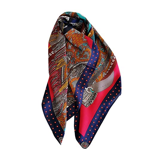 FONYVE Silk Feeling Scarf Medium Square Satin Head Scarf for Women 27.5 × 27.5 inches - color: 01 Dark Blue Edge