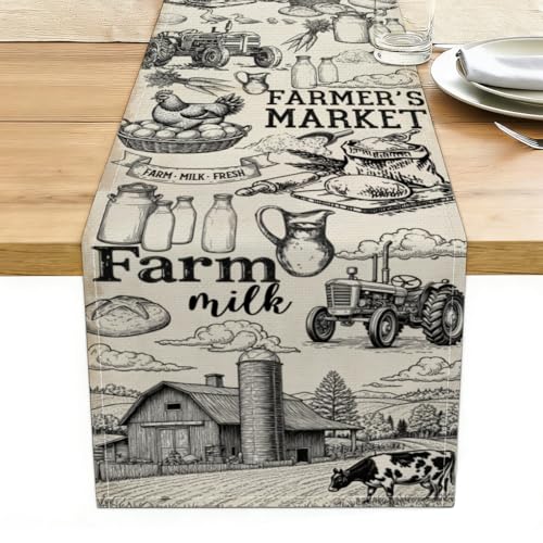 Tractor Milk Farm Table Runner, Cow House Fall Kitchen Dining Table Decor - color: Vintage Farmer’s Market