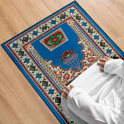 Muslim Prayer Rug Turkish Islamic Prayer Mat Thick Praying Carpet Janamaz Sajjadah Namaz Seccade Arabic Prayer Rug for Eid Ramadan - color: Blue-1
