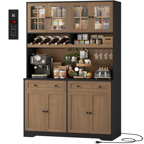 HOSTACK 75" Kitchen Pantry Storage Cabinet, Coffee Bar Hutch Cabinet, Brown | Tall Pantry Cabinet with Charging Station / Wide Countertop / Glass Doors / Wine Rack / Cup Holder / Drawers, Dining Room - color: Black/Brown