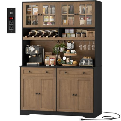 HOSTACK 75" Kitchen Pantry Storage Cabinet, Coffee Bar Hutch Cabinet, Brown | Tall Pantry Cabinet with Charging Station / Wide Countertop / Glass Doors / Wine Rack / Cup Holder / Drawers, Dining Room - color: Black/Brown