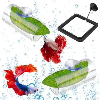 Betta Fish Aquarium Decorations, 2pcs Acrylic Tunnel & 2pcs Plastic Leaf & Square Feeding Ring Tank Accessories for Playing Hiding