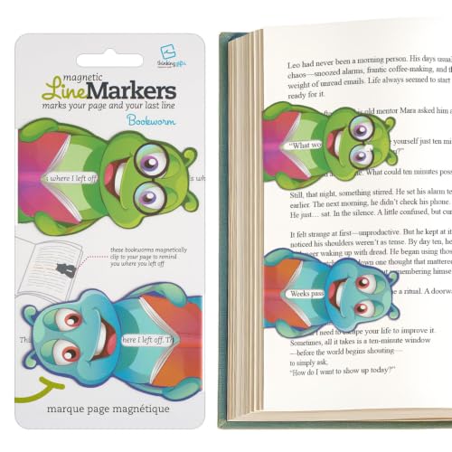 Gifts for Readers & Writers Linemarker Magnetic Bookmarks for Women & Men Bookworm, Set of 2 Magnet Bookmark Clips, Magnetic Page Holder & Book Marker for Reading with Cute Bookmarks Design for Kids - color: Bookworm