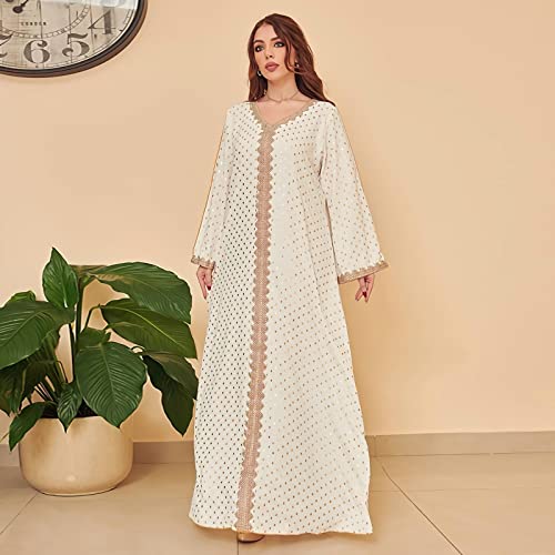 FPOVFPO Women's Muslim Abaya One-Piece V Neck Bronzing Dress Islamic Full Length Kaftan Daily Casual - color: White, size: XX-Large