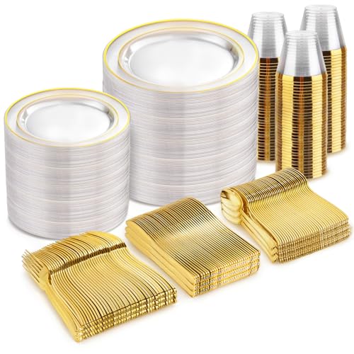 bUCLA 600PCS Clear Plates with Gold Trim - Clear Gold Dinnerware Set Disposable Include 100 Dinner/100 Dessert Plates, 100 Knives, 100 Forks, 100 Spoons, 100 Cups for Wedding, Party - color: Clear Gold