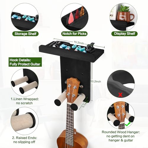 Keebofly Guitar Wall Mount - Single Pack, Wall Hanger with Pick Holder - Guitar & Ukulele Rack, Rustic Wood Black, Patented - color: Single Pack_Black
