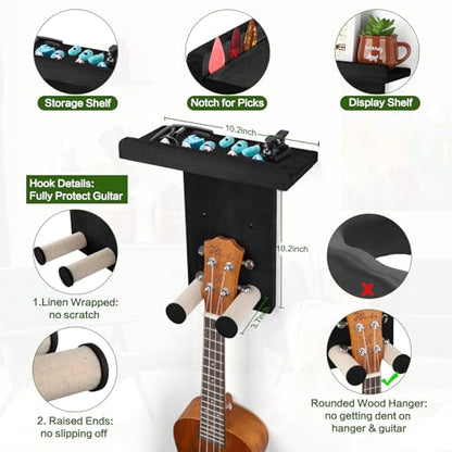 Keebofly Guitar Wall Mount - Single Pack, Wall Hanger with Pick Holder - Guitar & Ukulele Rack, Rustic Wood Black, Patented - color: Single Pack_Black
