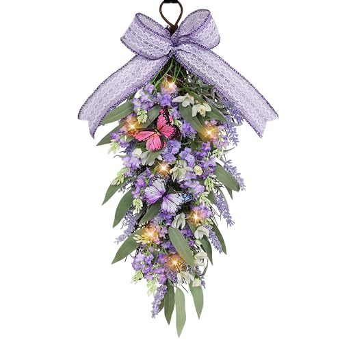 Jusdreen 23.6" LED Teardrop Wreath, Faux Lavender & Butterflies, Farmhouse - color: P_teardrop Swag