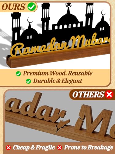 Enlarged 15.7in Metal Ramadan Mubarak Table Sign - Eid Decorations for Home, Black Palace with Gold Letters, Muslim Dinner Centerpieces for Islamic Gifts Parties Kitchen - style: Golden Letters