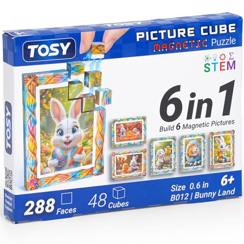 TOSY Picture Cube Bunny Land: 6-in-1 Magnetic Picture Puzzle, 48 Blocks, 288 Puzzle Faces, 0.63 in, B012, Seamless UV Art, Display-Ready Frame, Collectible, STEM/STEAM Gift for Kids & Adults - color: Bunny Land