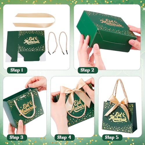 Glenmal 60 Pcs 5.51x2.36x4.72'' Ramadan Gift Bags Ramadan Mubarak Green Paper Party Bags Eid Mubarak Treat Goodie Bag with Handle and Ribbon for Ramadans Kareem Eid Mubarak's Party Supplies - color: Green, size: 1 count (Pack of 60)