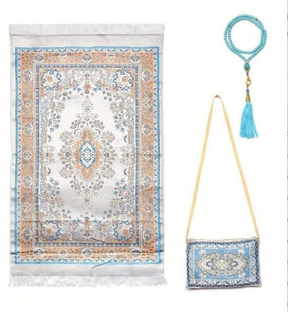 Islamic Travel Prayer mat Mus Portable Prayer Rug Muslim Prayer Mat and Prayer Beads | Janamaz | Sajadah | Soft Islamic Prayer Rugs | Taffeta Fabric 70 * 110 Brown