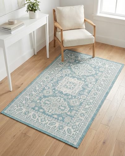 Rugs.com - Outdoor Aztec Rug – 3' 1 x 5' 3 Aqua Indoor/Outdoor Rug – Weather Resistant Flatweave for Patios, Decks, and Porches - color: Aqua, size: 3' x 5' (Rectangular)