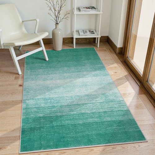 Wonnitar Modern Ombre 3x5 Area Rug, Teal Washable Bedroom Rug, Non-Slip Abstract Soft Nursery Throw Mat, Contemporary Stain Resistant Gradient Entry Soft Carpet for Bathroom Dorm (Teal, 3'x5') - color: Teal, size: 3' x 5' (Rectangular)