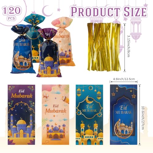 Ramadan Cellophane Treat Bags, Eid Mubarak Candy Bags, 120 PCS Plastic Eid Mubarak Ramadan Gift Bags Goodie Bags Cookie Bags with Twist Ties for Islam Muslim Eid Mubarak Ramadan Party Favor Supplies - color: style 1-120pcs