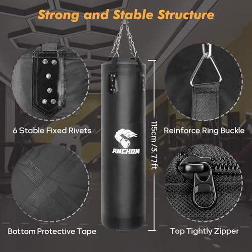 ANCHOM Punching Bag for Adults, 4FT Heavy Boxing Bag Set with 12OZ Boxing Gloves, Hand Wraps, Jump Rope and Grip Strength Trainer, Perfect for MMA Karate Kickboxing Boxing - Unfilled
