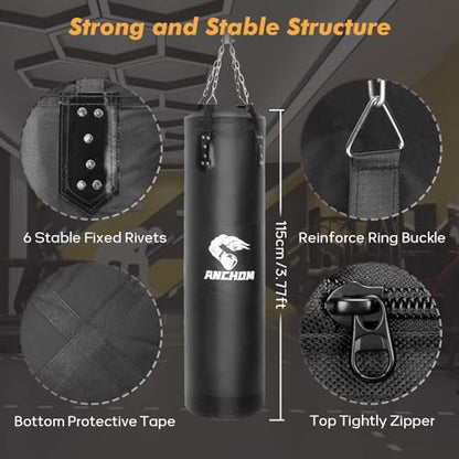 ANCHOM Punching Bag for Adults, 4FT Heavy Boxing Bag Set with 12OZ Boxing Gloves, Hand Wraps, Jump Rope and Grip Strength Trainer, Perfect for MMA Karate Kickboxing Boxing - Unfilled