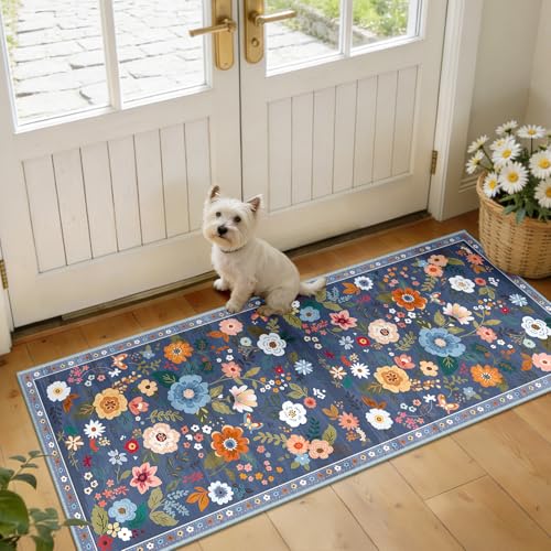 Floral Washable 2x5 Area Rugs Runner Entryway Hallway Blue/Grey - color: Blue/Grey, size: 2' x 5' (Runner)
