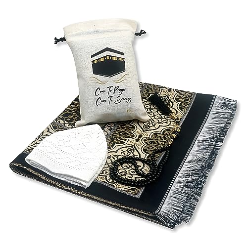 ESERRA Muslim Prayer Rug - 99 Beads & Cap Included, Islam Prayer Mats for Men, Women & Kids (Black) - color: Black