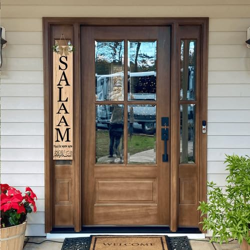 Salaam Weclome Sign for Front Door Peace Be Upon You Islamic Home Decor 8x48inch Vertical Wooden Eid Door Hanger for Muslim Islamic Wedding Gift