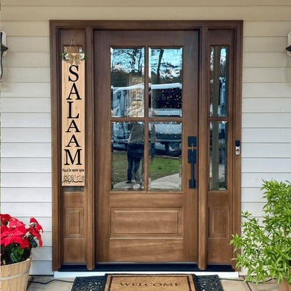 Salaam Weclome Sign for Front Door Peace Be Upon You Islamic Home Decor 8x48inch Vertical Wooden Eid Door Hanger for Muslim Islamic Wedding Gift