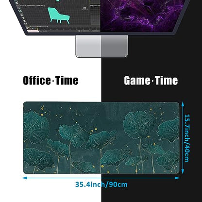 Mouse Pad,Lotus Leaves in Gold Line Desk Mat for Desktop,Desk Pad with Non-Slip Base and Stitched Edge,Extended Mousepad for Office and Home 35.4X15.7 Inch - color: Lotus Leaves in Gold Line