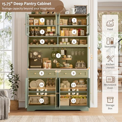 HOSTACK 75" Kitchen Pantry Storage Cabinet, Coffee Bar Hutch Cabinet, Green | Tall Pantry Cabinet with Charging Station / Wide Countertop / Glass Doors / Wine Rack / Cup Holder / Drawers, Dining Room - color: Green
