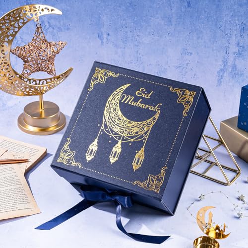WRAPAHOLIC Eid Mubarak Gift Box with Satin Ribbon, 8x8x4 Inches Blue Collapsible Gift Box with Magnetic Closure for Eid Party, Ramadan, Gift Wrap, Storage