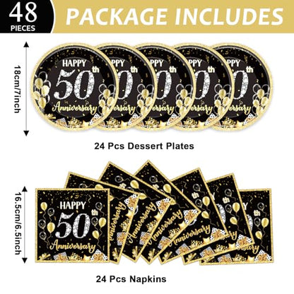 48Pcs 50th Anniversary Paper Plates Napkins Wedding Party Decorations Employee Career Retirements Party Supplies Black Gold Disposable Dinner Tableware Set for Birthday Anniversary Graduation Serve 24 - style: 50th Anniversary