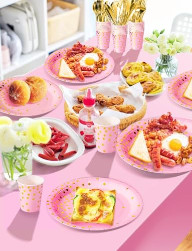 Nkaiso 141Pcs Pink Gold Paper Plates and Napkins Party Supplies-20 Guests - color: Pink and Gold