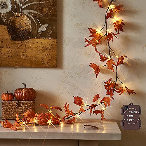 Hairui Lighted Maple Leaf Garland with Timer 6FT 24 Warm White LED, Fall Garland with Lights Battery Operated for Thanksgiving Harvest Christmas Wedding Decoration Indoor Outdoor - color: ORANGE MAPLE