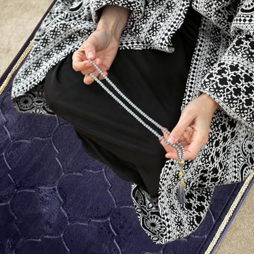 Muslim Prayer Rug with Tasbih Prayer Beads, Extra Thick Padded Non-Slip Islamic Prayer Matt,Turkish Praying Carpet Ottoman Blankets Ramadan Gift for Ramadan, Eid, Hajj, Travel, Pray（Gray Purple） - color: Gray Purple