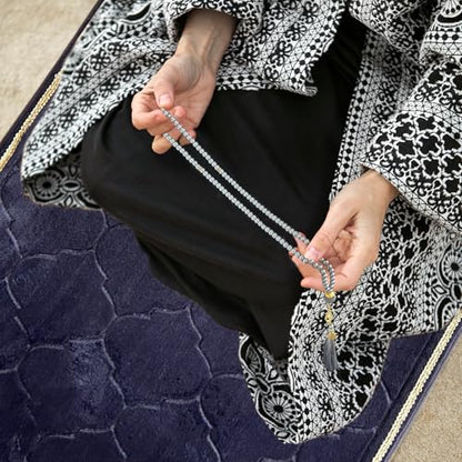 Muslim Prayer Rug with Tasbih Prayer Beads, Extra Thick Padded Non-Slip Islamic Prayer Matt,Turkish Praying Carpet Ottoman Blankets Ramadan Gift for Ramadan, Eid, Hajj, Travel, Pray（Gray Purple） - color: Gray Purple