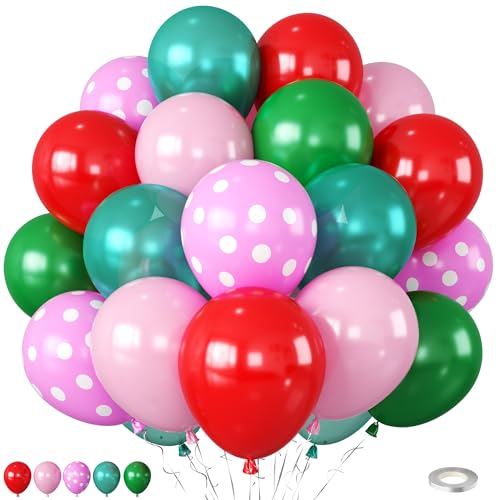 Red Pink Green Balloons with Pink Polka Dots Print Balloon, Pearl Turquoise Blue Dark Green Xmas Party Balloon for Birthday Carnival New Year Holiday Christmas Party Decorations - color: Red Pink Green