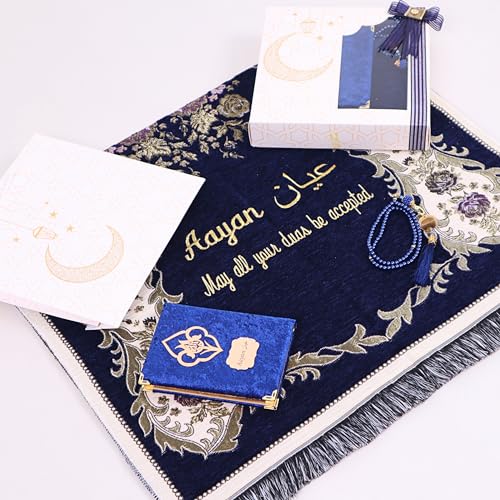 IEF Personalized Prayer Rug Prayer Beads Quran Islamic Gift Set, Ramadan Eid Hajj Umrah Wedding Birthday Mother's Day Father's Day Valentine's Day Gifts (Navy Blue) - color: Navy Blue