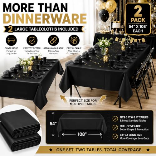 Tinybee 352 Pcs Black Plastic Plates, Disposable Dinnerware Set for 50 - color: Black