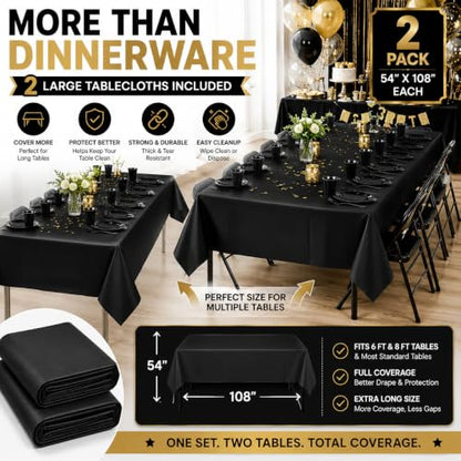Tinybee 352 Pcs Black Plastic Plates, Disposable Dinnerware Set for 50 - color: Black
