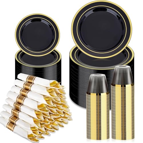 BESTVIP 350PCS Black Gold Dinnerware Set for 50 Guests, Plastic Plates for Halloween Party and Christmas, 50 Disposable Plates, 50 Dessert Plates, 50 Cups, 50 Spoons, 50 Forks and 100 Knives - color: Black & Gold, size: 50 Guests