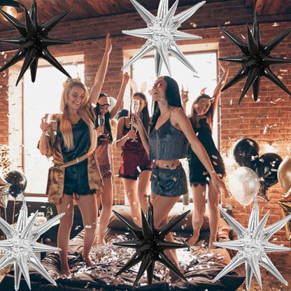 6 Pcs Silver Star Foil Balloons One-Piece 14-Pointed Star Balloon 4D Starburst Cone Mylar Balloon 22inch Christmas Birthday Wedding Wedding Anniversary Party Supplies (Black + Silver) - color: Black + Silver