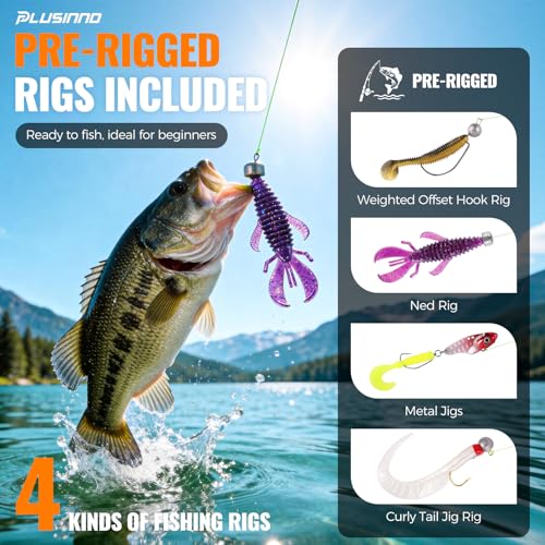 PLUSINNO Bass Fishing Lures Tackle Box Gear Kit with Tackle Included | Waterproof, Compact & Customizable, Bass Trout Fishing Gear Kit, Freshwater Topwater, 16 Rigs, Fishing Gifts for Men Starter - color: Green 307 PCS Bass Box