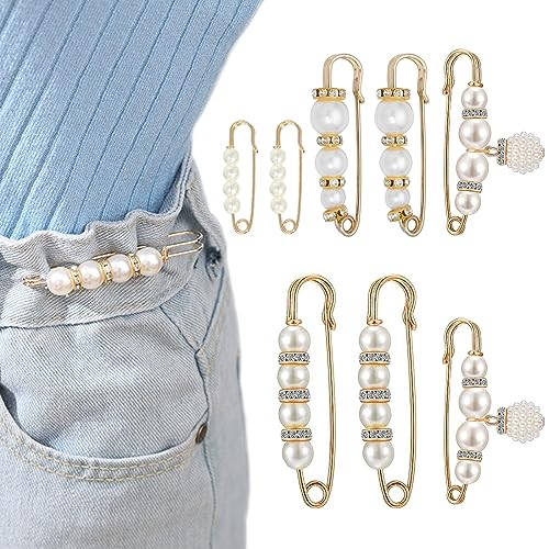 8 Pcs Pearl Brooch Pins,Safety Pins for Clothing Dress pants skirt Cardigan Collar，Faux Pearl Rhinestones Brooches for Women Girls Pants Extender Safety Pins - size: set-A