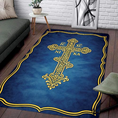 Personalized Orthodox Christian Area Rug, Custom Three-Bar Cross IC XC Nika Cross Prayer Mat, Russian Greek Orthodox Byzantine Eagle Non-Slip Rug for Living Room, Bedroom, Church Decor (D9) - color: D9